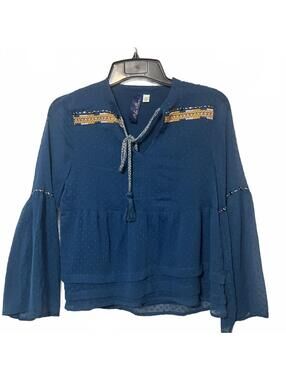Blue Star Blue Women's Flowy Bell Sleeve Embroidered Keyhole Chic Blouse Small
